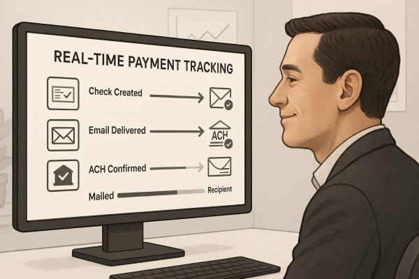 Business Team Reviewing FiChecks Payment Dashboard on a Large Desktop Screen