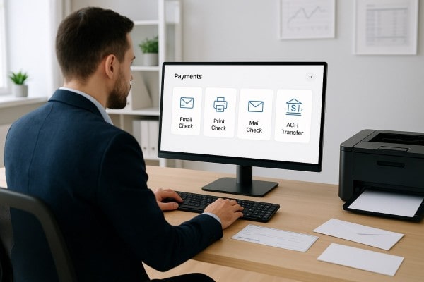 User Navigating Various Payment Tools Within the FiChecks Interface on a Laptop