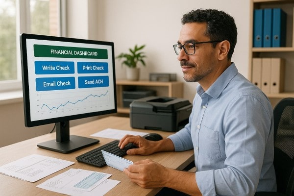 Streamline and Automate Bookkeeping Chores User Navigating Various Payment Tools Within the FiChecks Interface on a Laptop