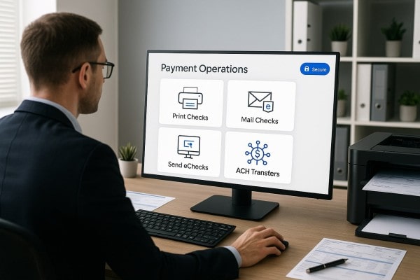 Take Command of Your Financial Operations User Navigating Various Payment Tools Within the FiChecks Interface on a Laptop