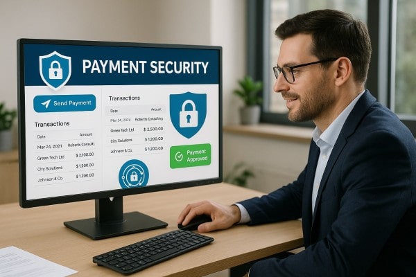 Why Choose FiChecks for Payment Security Business Team Reviewing FiChecks Payment Dashboard on a Large Desktop Screen