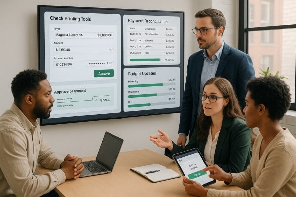 Business Team Reviewing FiChecks Payment Dashboard on a Large Desktop Screen