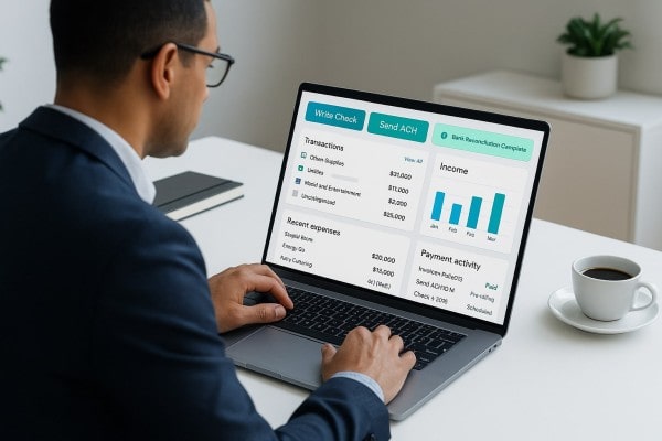 User Navigating Various Payment Tools Within the FiChecks Interface on a Laptop