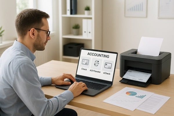 User Navigating Various Payment Tools Within the FiChecks Interface on a Laptop