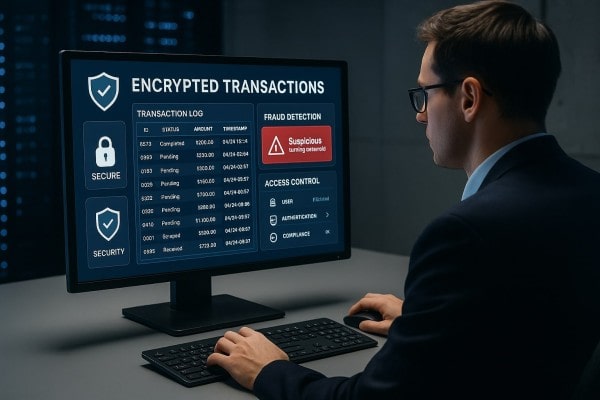Business Team Reviewing FiChecks Payment Dashboard on a Large Desktop Screen