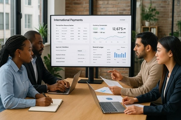 Built-In Tools for Finance Teams Business Team Reviewing FiChecks Payment Dashboard on a Large Desktop Screen