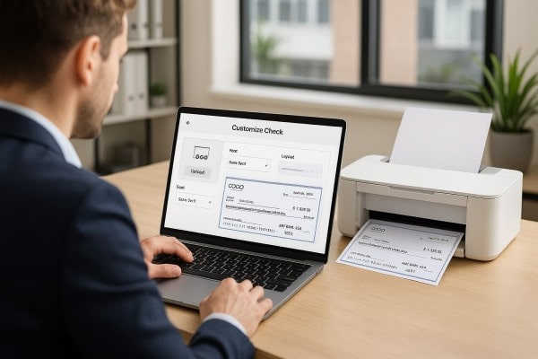 Customize Checks With Ease User Navigating Various Payment Tools Within the FiChecks Interface on a Laptop