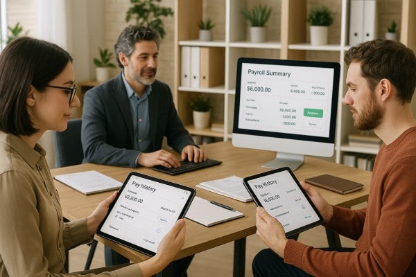 Business Team Reviewing FiChecks Payment Dashboard on a Large Desktop Screen