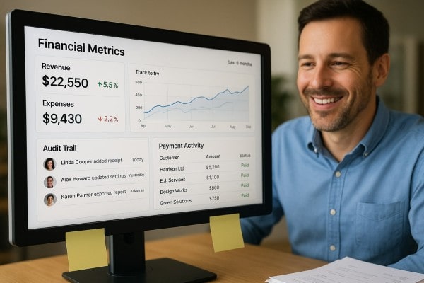 Everything You Need, All in One Place Person Using FiChecks Platform to Manage Recurring Payments on a Laptop