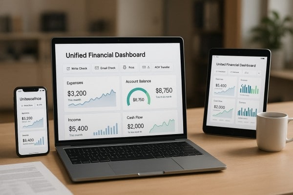 Everything You Need in One Place User Navigating Various Payment Tools Within the FiChecks Interface on a Laptop
