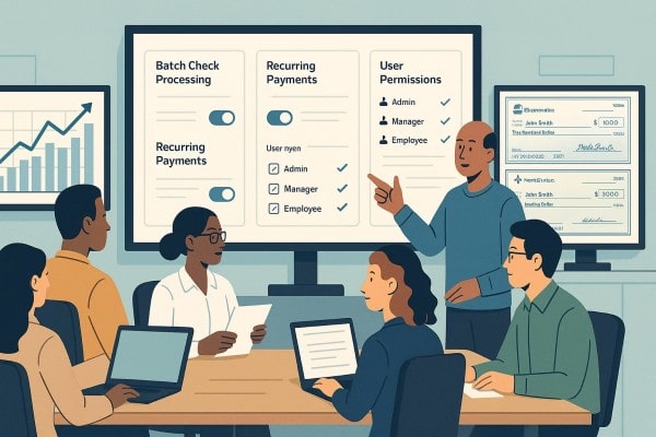 Grows With Your Business Person Using FiChecks Platform to Manage Recurring Payments on a Laptop