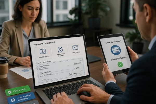 Business Team Reviewing FiChecks Payment Dashboard on a Large Desktop Screen
