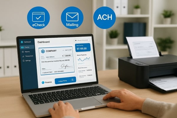 Print-Ready Templates and Digital Delivery Options User Navigating Various Payment Tools Within the FiChecks Interface on a Laptop