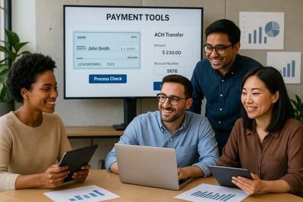 Person Using FiChecks Platform to Manage Recurring Payments on a Laptop