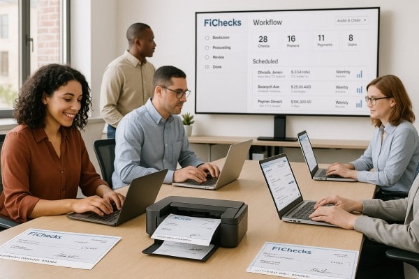 Scalable for Teams of All Sizes Person Using FiChecks Platform to Manage Recurring Payments on a Laptop