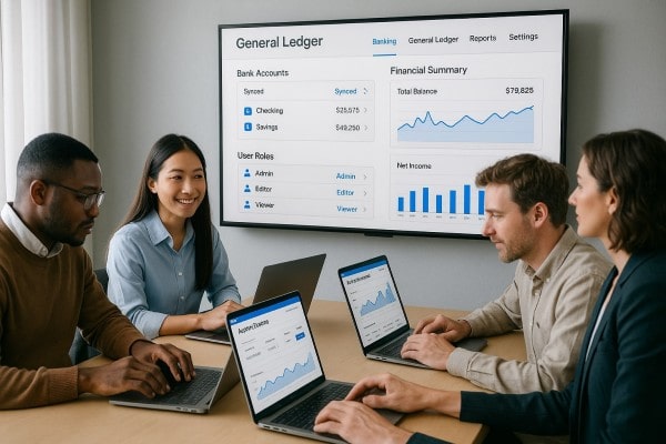 Scale Confidently with a Cloud-Based Accounting Core Person Using FiChecks Platform to Manage Recurring Payments on a Laptop