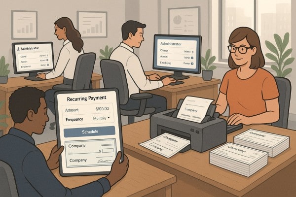 Person Using FiChecks Platform to Manage Recurring Payments on a Laptop