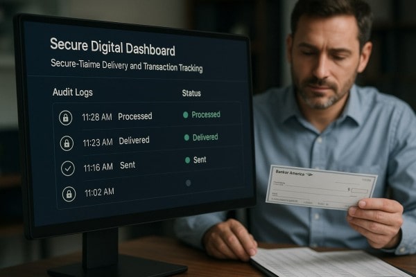 Secure Delivery and Full Payment Tracking Business Team Reviewing FiChecks Payment Dashboard on a Large Desktop Screen