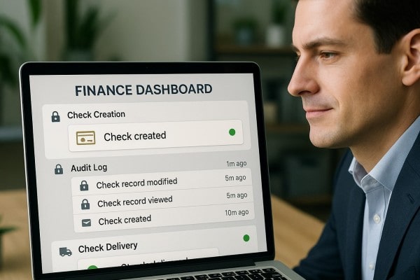 Business Team Reviewing FiChecks Payment Dashboard on a Large Desktop Screen