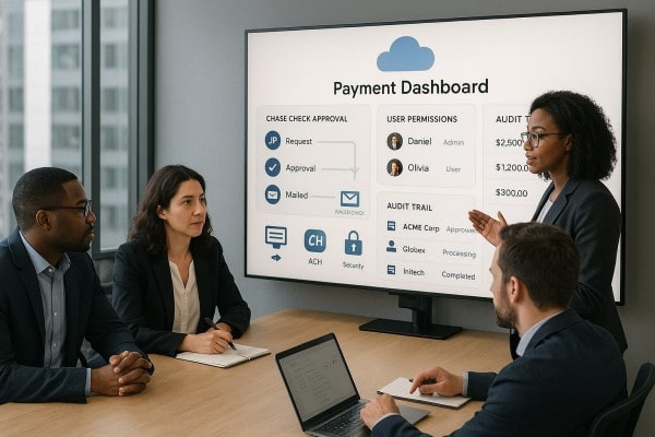 Secure Workflows for Finance Teams Business Team Reviewing FiChecks Payment Dashboard on a Large Desktop Screen