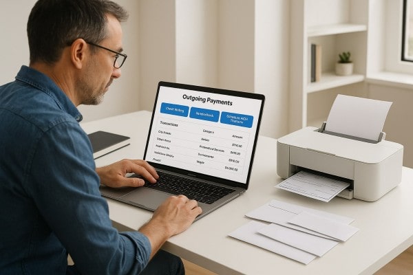 User Navigating Various Payment Tools Within the FiChecks Interface on a Laptop