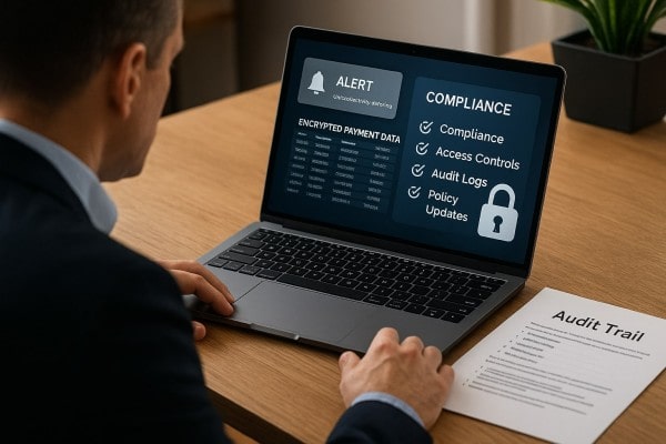 Business Team Reviewing FiChecks Payment Dashboard on a Large Desktop Screen