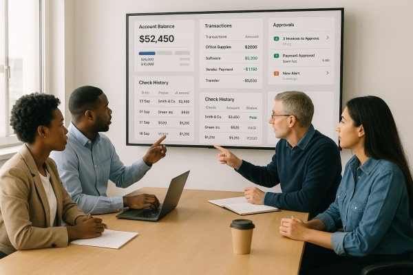 Business Team Reviewing FiChecks Payment Dashboard on a Large Desktop Screen