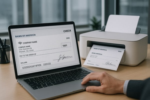 Write and Print Bank Checks with Confidence User Navigating Various Payment Tools Within the FiChecks Interface on a Laptop