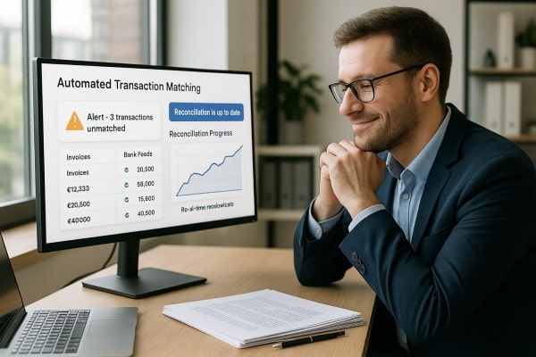 Automate Every Match, Close Every Loop A Person Seated at a Desk, Viewing Payments and Financial Graphs on a Laptop, with Check Printing and E-Check Options Displayed
