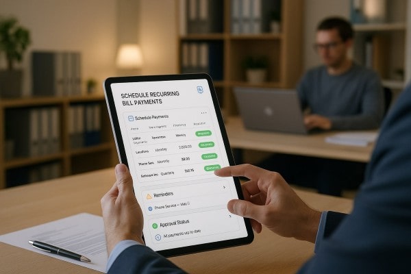 A Person Seated at a Desk, Viewing Payments and Financial Graphs on a Laptop, with Check Printing and E-Check Options Displayed