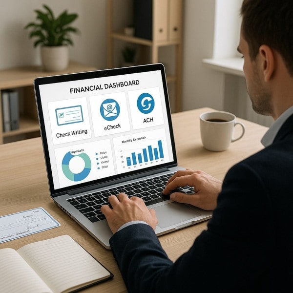 Bookkeeping Apps A Person Uses a Laptop Displaying a Transaction History While Holding a Smartphone Showing a “Payment Successful” Message with a Green Checkmark—Highlighting the Convenience of Real Time Payments Against a Blue and White Background