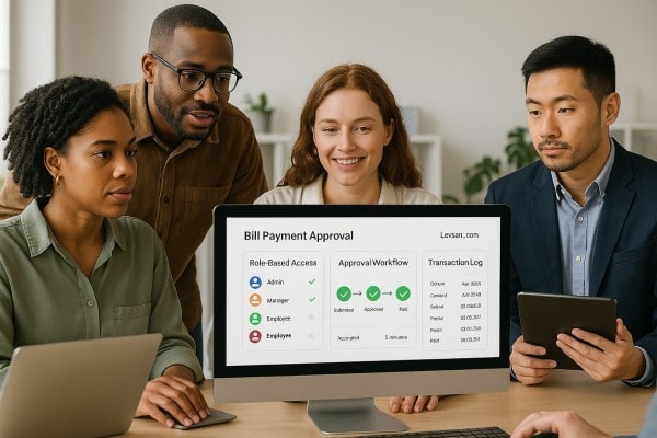 A Group of Professionals Discusses a "Payment Approval Flow" Presentation, Highlighting User Roles and Payment Methods on a Screen