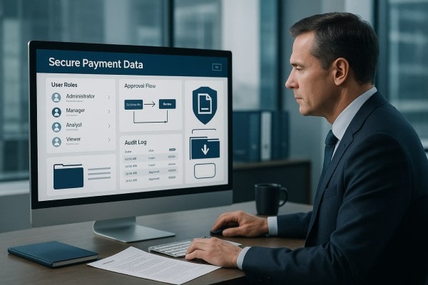 A Person Analyzing Data on a Laptop, Displaying a Dashboard with Graphs and Metrics, Seated at a Desk with a Coffee Cup and Notepad