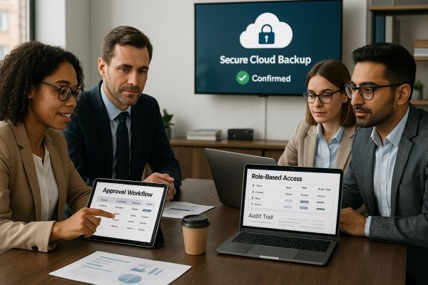 Built for Teams That Need Accuracy and Speed A Group of Professionals Discusses a "Payment Approval Flow" Presentation, Highlighting User Roles and Payment Methods on a Screen