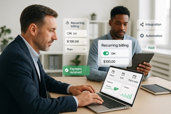 A Person Seated at a Desk, Viewing Payments and Financial Graphs on a Laptop, with Check Printing and E-Check Options Displayed