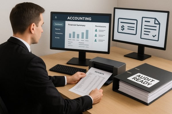 Compliance and Audit-Ready Controls A Person Analyzing Data on a Laptop, Displaying a Dashboard with Graphs and Metrics, Seated at a Desk with a Coffee Cup and Notepad
