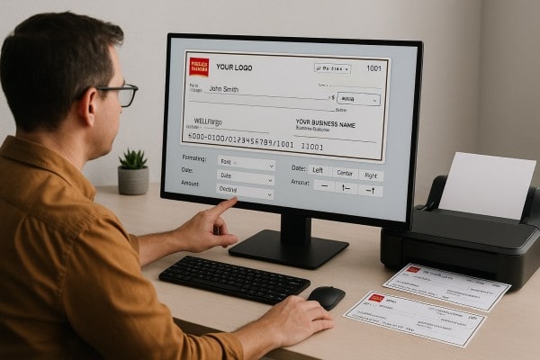 Custom Templates That Work for You A Person Sits at a Desk, Entering Data on a Computer for a Check, with a Printer and Blank Checks Visible Nearby