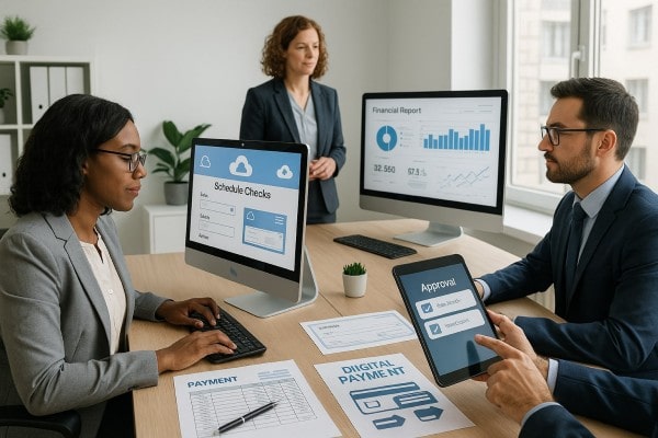 A Group of Professionals Discusses a "Payment Approval Flow" Presentation, Highlighting User Roles and Payment Methods on a Screen