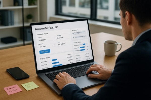 Digital Tools for Fast Payouts A Person Seated at a Desk, Viewing Payments and Financial Graphs on a Laptop, with Check Printing and E-Check Options Displayed