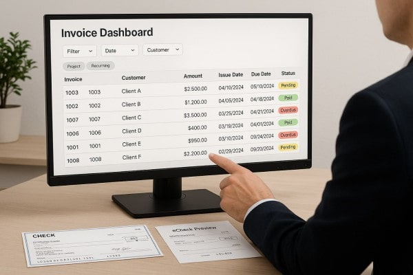 End-to-End Visibility Across All Invoices A Group of Professionals Discusses a "Payment Approval Flow" Presentation, Highlighting User Roles and Payment Methods on a Screen
