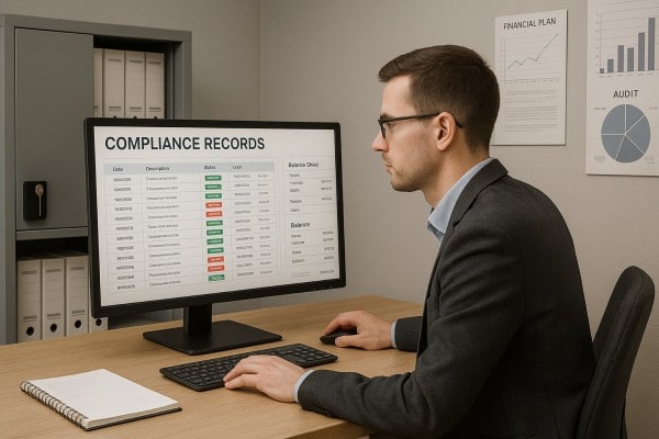 Finance-Ready and Fully Compliant A Person Analyzing Data on a Laptop, Displaying a Dashboard with Graphs and Metrics, Seated at a Desk with a Coffee Cup and Notepad