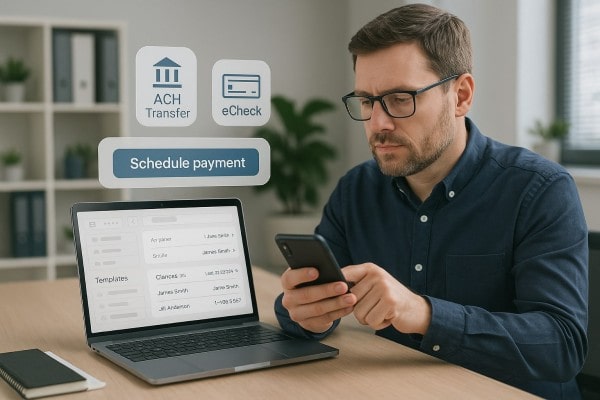 A Person Seated at a Desk, Viewing Payments and Financial Graphs on a Laptop, with Check Printing and E-Check Options Displayed