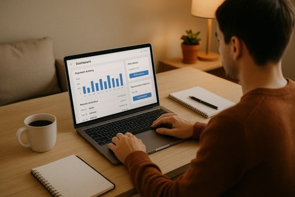 A Person Analyzing Data on a Laptop, Displaying a Dashboard with Graphs and Metrics, Seated at a Desk with a Coffee Cup and Notepad