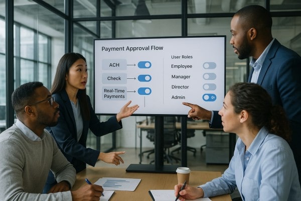 A Group of Professionals Discusses a "Payment Approval Flow" Presentation, Highlighting User Roles and Payment Methods on a Screen