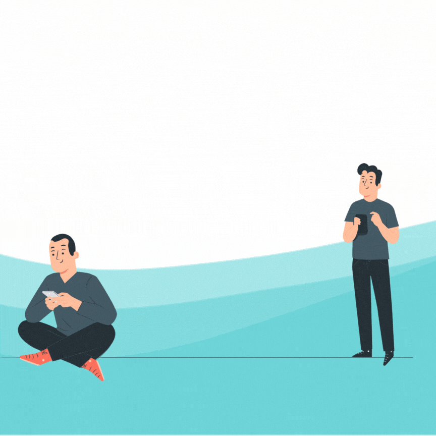 Two Smartphones Display a Successful Money Transfer, While One Person Sits with a Phone and Another Stands, Engaged in Banking Activity