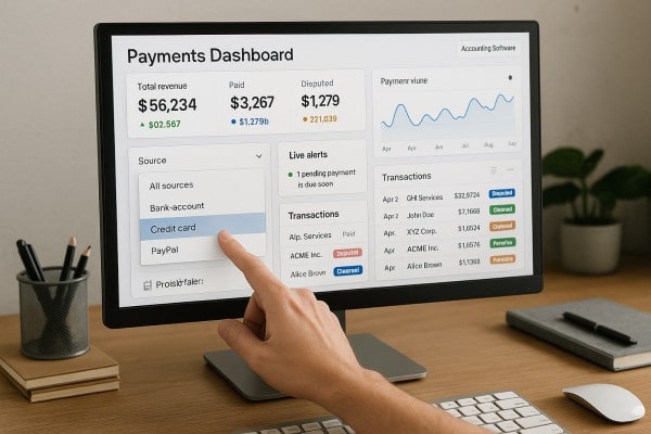 A Group of Professionals Discusses a "Payment Approval Flow" Presentation, Highlighting User Roles and Payment Methods on a Screen