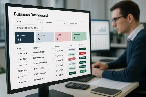 A Group of Professionals Discusses a "Payment Approval Flow" Presentation, Highlighting User Roles and Payment Methods on a Screen