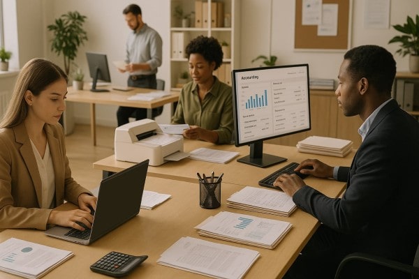 Scalable Tools That Grow With Your Business A Person Analyzing Data on a Laptop, Displaying a Dashboard with Graphs and Metrics, Seated at a Desk with a Coffee Cup and Notepad