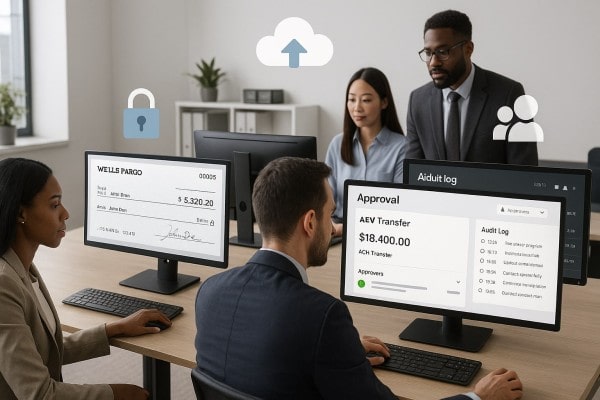 Scale Payments With Built-In Controls A Group of Professionals Seated at Computers, Reviewing Financial Transactions and Audit Logs in a Modern Office Setting