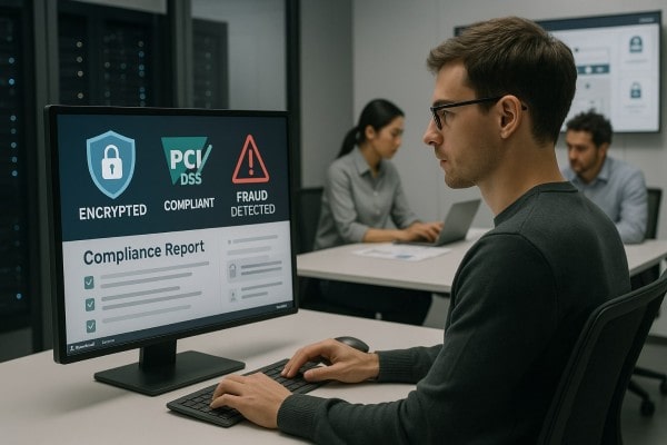 A Person Analyzing Data on a Laptop, Displaying a Dashboard with Graphs and Metrics, Seated at a Desk with a Coffee Cup and Notepad